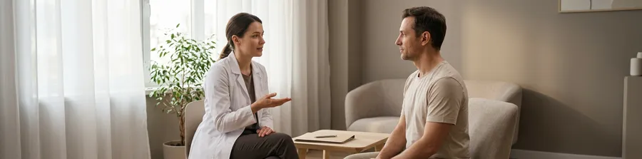 Médica conversando com um paciente no consultório