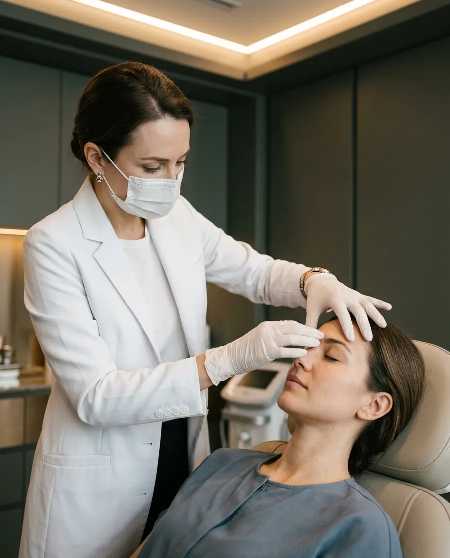 Dermatologista examinando o rosto de uma paciente